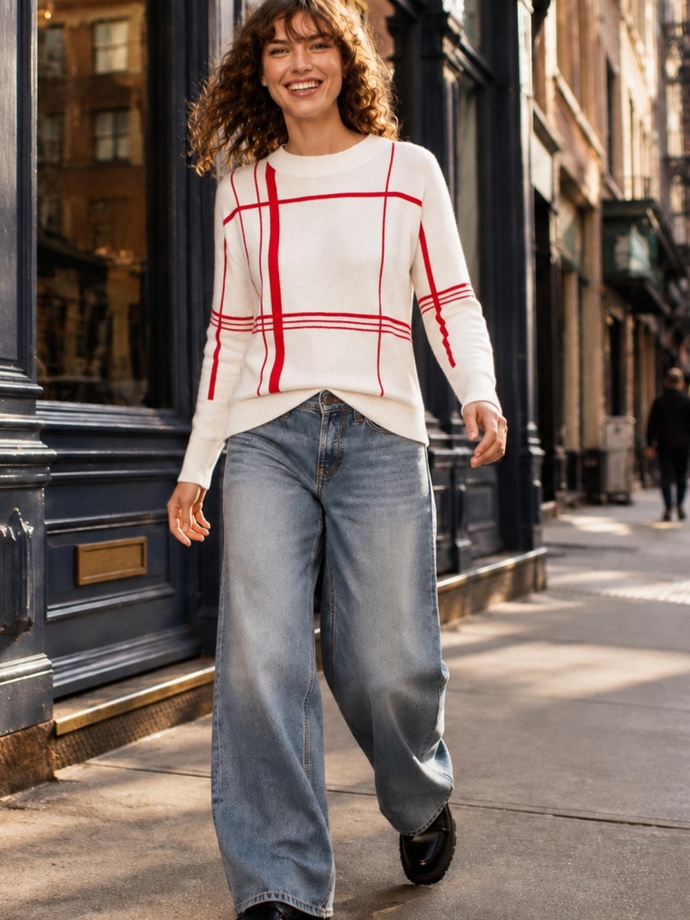 Equipment Malin Merino Wool Cashmere
Windowpane Sweater Red‎ White XS